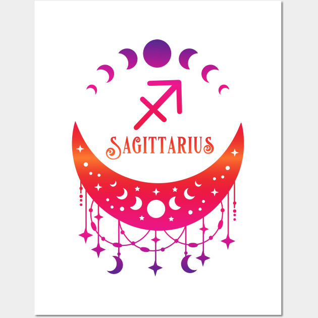 Rainbow Ombre Moon Phases and Sagittarius Zodiac Symbol Wall Art by Cheeky Witch